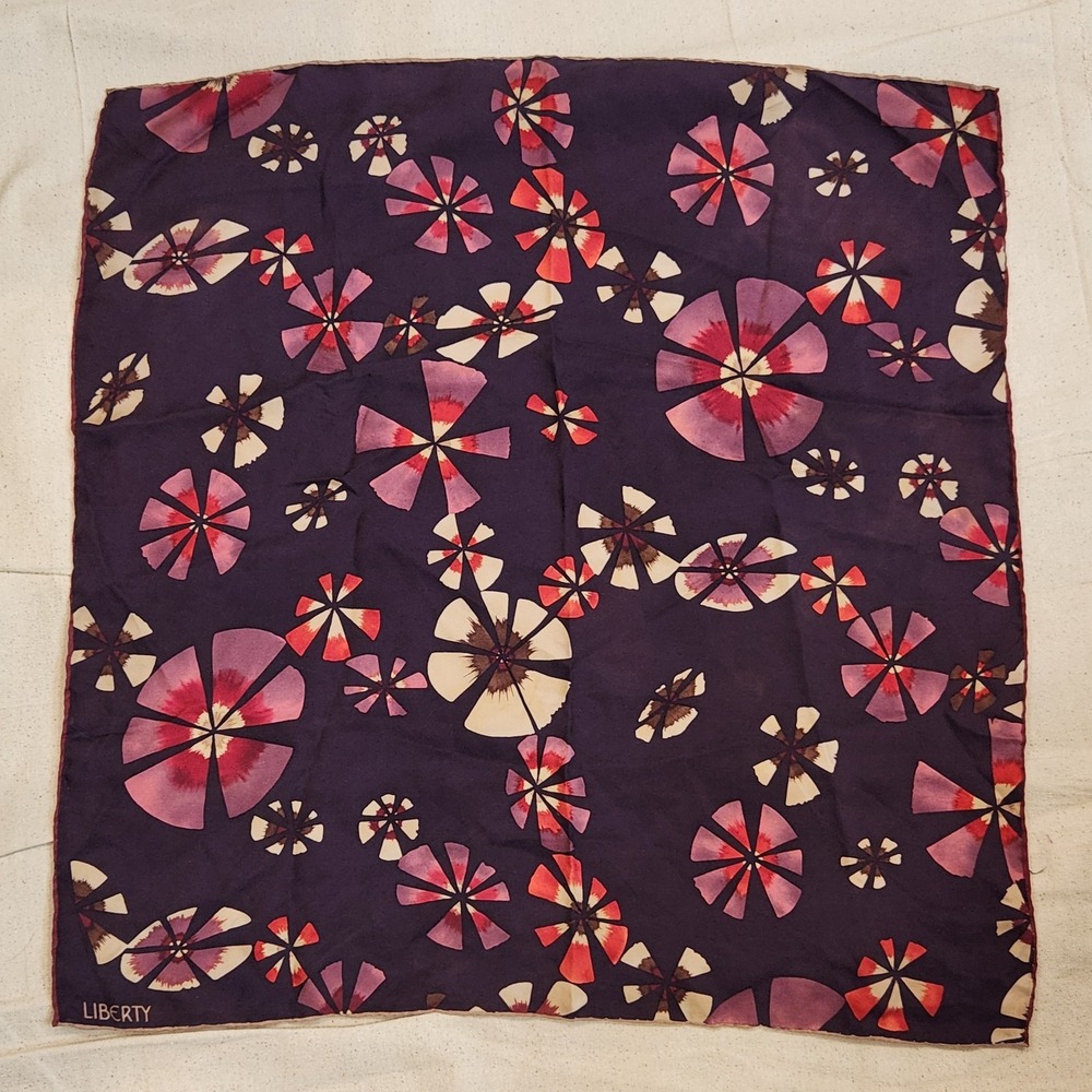 Vintage Liberty of London Silk Scarf Purple Floral Print Square 22x22 Hand Roll